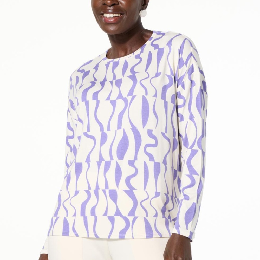 •WYNNELAYERS•NWOT PURPLE & CREAM ABSTRACT CREWNECK LONG SLEEVE T-SHIRT MEDIUM